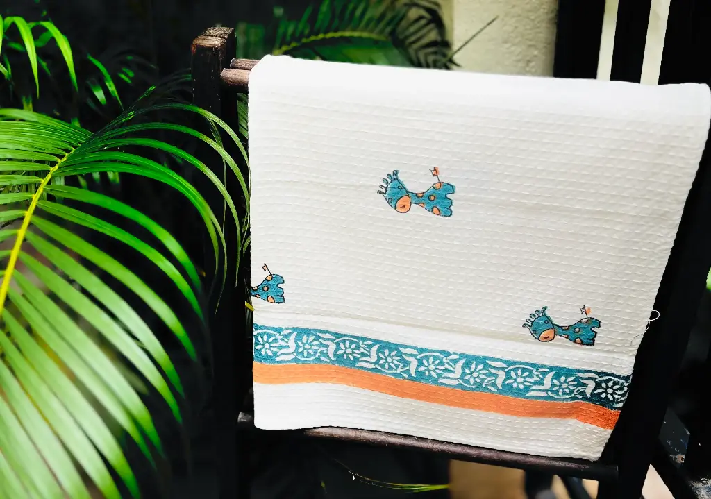 Blue Giraffe - Kids Block Printed Bath Towel